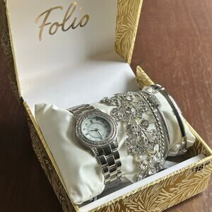 Folio Women's Silver Watch and Layered Bracelets Gift in a Box